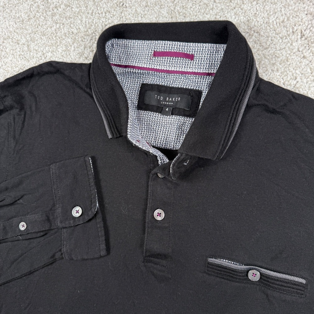 Ted Baker Polo Shirt Men Size 4 Black Long Sleeve Modal Cotton Chest Pocket